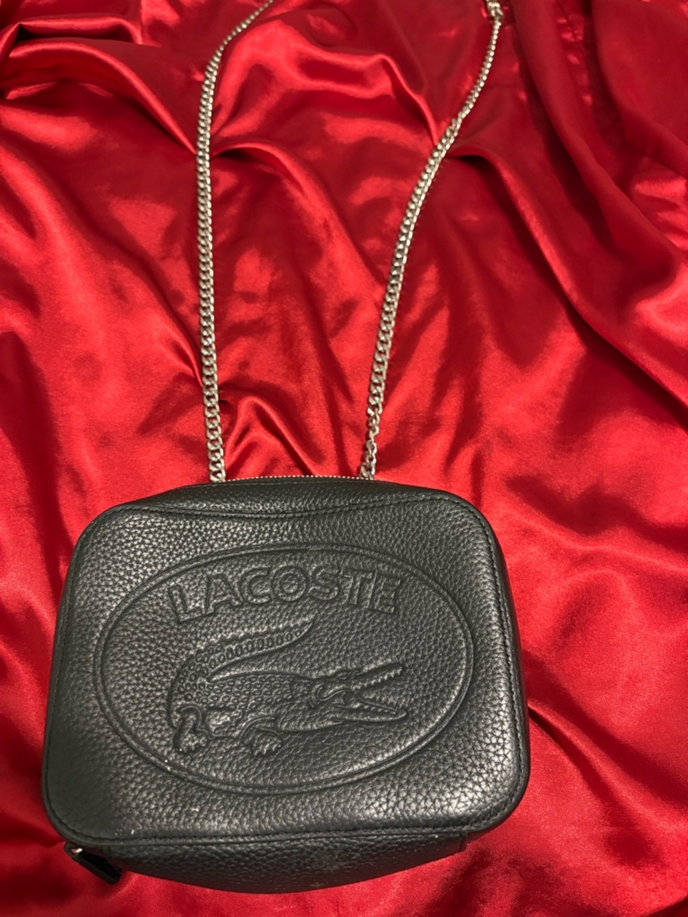 Lacoste Black Pebbled Leather Crossbody with Silver Chain